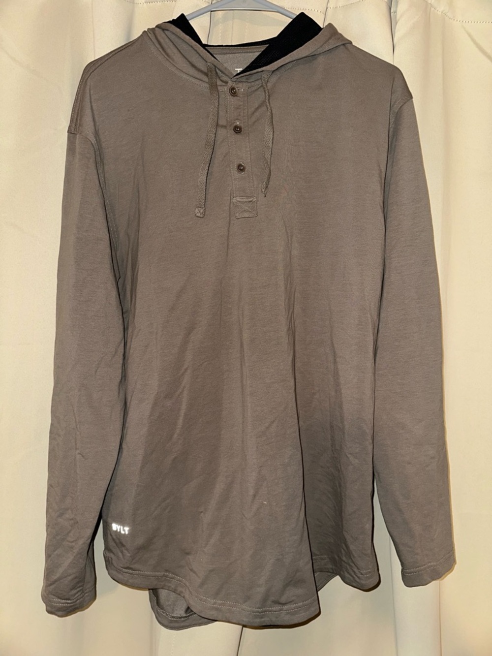 BYLT Basics Men's Hooded Henley in Taupe with Black Lining